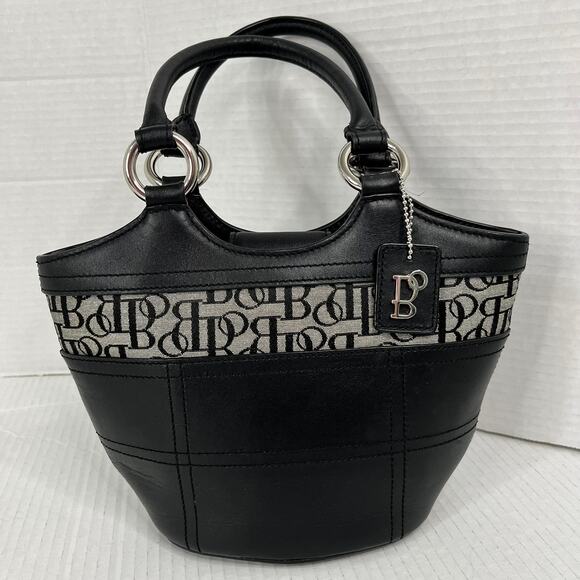 BOLZANO Bucket Bag Black Signature BO Fabric & Leather Purse Quiet Luxury Small - Picture 1 of 12